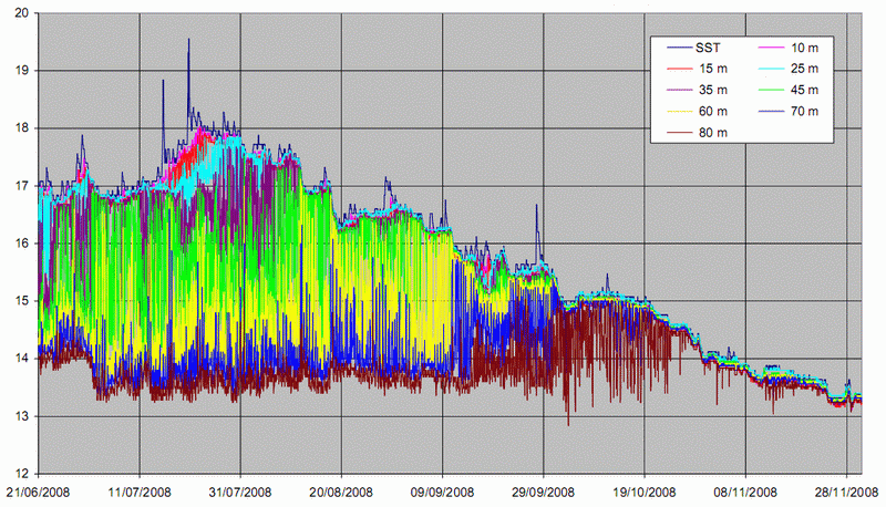 Fragment of temperature data from SVP-BTC ID49678 deployed by Meteo-France in Atlantic Ocean (June-November 2008)
